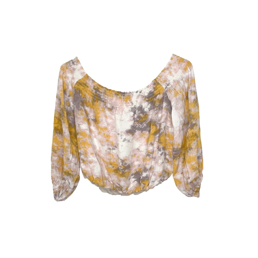 ASTR The Label Tie Dye Cropped 3/4 Sleeve Blouse Pink Yellow Small Boho Festival